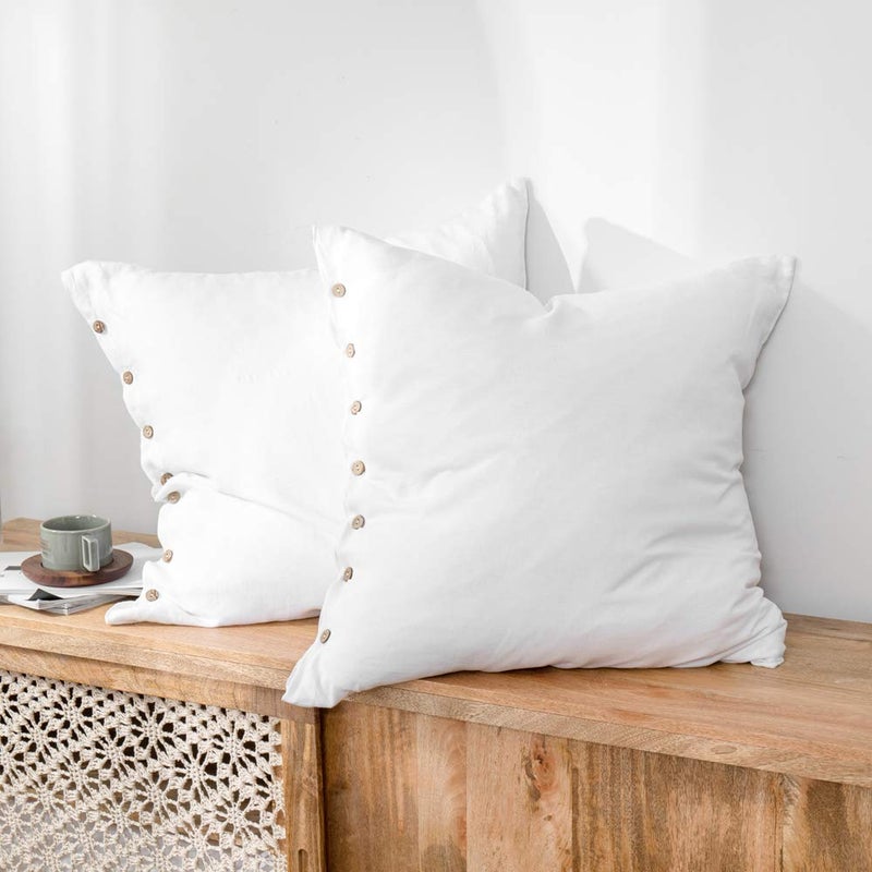Simple&Opulence 100% Linen Euro Shams with Coconut Button (26'' x 26'') - Pack of 2 - Washed Solid Color Natural Flax Soft Breathable - White - Image 1